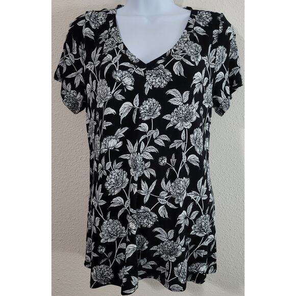 LuLaRoe Black White Floral Hi Low Hem Top Small V Neck Lightweight Flowy Stretch - Picture 1 of 4